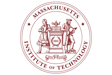 The MIT Seal is circular with 2 people, a metalsmith with an anvil, and a scholar reading a book. They stand next to a podium with a lamp, books saying “Science and Arts,” and a wreath with “1861” inside. A banner says “Mens et Manus.” Around the edge, it says Massachusetts Institute of Technology.