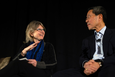 Sally Kornbluth and Yet-Ming Chiang speak on stage.