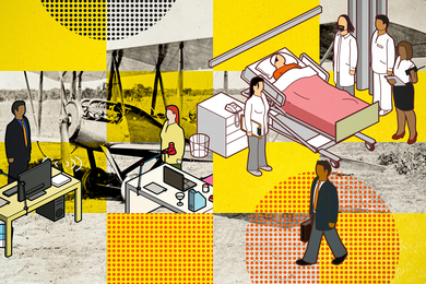 Stylized collage shows a vintage photo of an airplane collaged with isometric illustrations of office and healthcare workers.