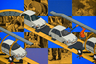 Stylized illustration uses a vintage lithograph print of steel workers collaged with an isometric illustration of an automated car factory assembly line.