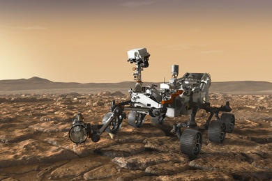 Rendering shows the Perseverance on the rocky brown surface of Mars. The Perseverance resembles a go-cart and has 6 wheels and an arm extending that houses the drill. The top of the Perseverance has a long neck and a camera on top.
