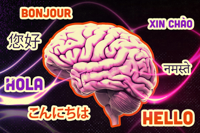 In the center is a brain. Around the brain, the word “hello” is written in the language French, Japanese, Spanish, Vietnamese, Hindi, Chinese, and English.