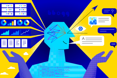 Illustration of a blue robot-man absorbing and generating info. On left are research and graph icons going into his brain. On right are speech bubble icons, as if in conversation.