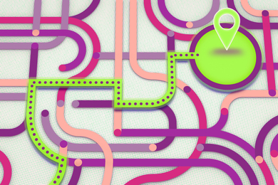 A stylized road is made up of purplish curved lines. A green road, with dots, cuts a clear path and leads to a large green circle with a “pin” icon.