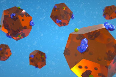 Glassy orange dodecahedrons float in blue space, and each are covered in a few bits of blue and green blobs.
