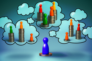 A blue game piece sits on 2 quarters with thought bubbles above the piece’s head. Inside the bubbles, different colored game pieces sit on bigger stacks of quarters.