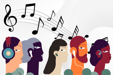Illustration of five diverse people wearing headphones or earphones. A curvy staff line with treble chef and notes are in background