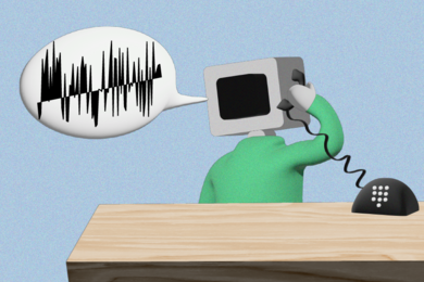 Cartoon image of an anthropomorphized computer character talking on an old-fashioned telephone