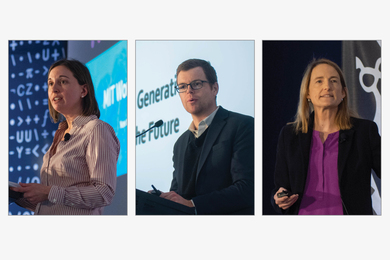Three close up photos of speakers at a conference: Julie Shah, Ben Armstrong, and Kate Kellogg