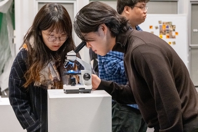 Two students look through a light microscope at tiny artwork
