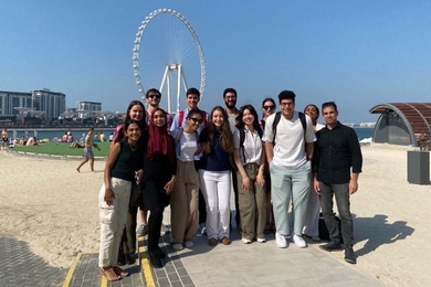 13 people pose on a beach with a Ferris wheel in the background