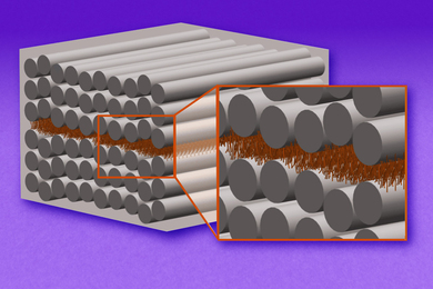 A diagram shows a box of rows of long silver tubes stacked on top of each other. Tiny brown objects representing carbon nanotubes are in between the layers. An inset enlarges the brown objects and they are an array of tree-like scaffolding.