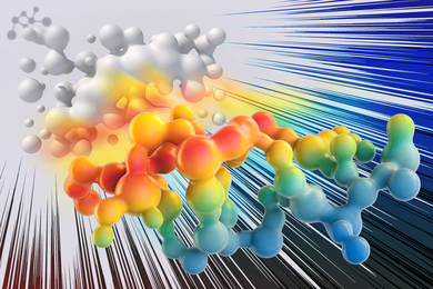 Dynamic speed lines frame a rainbow protein molecule in the foreground that’s made of shiny joined balls and connections. Behind it is a white molecule, and behind that is a simple grey protein icon.