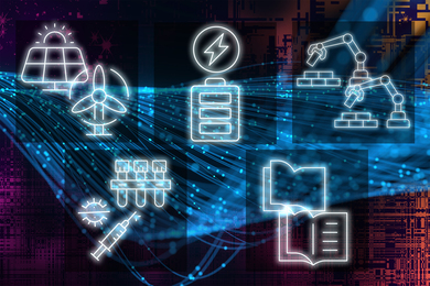 Icons representing renewable energy, energy storage, robotics, biomedicine, and education over a electronic circuitry