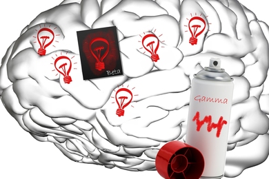 A black-and-white brain illustration is decorated with red light bulbs. In one spot, a stencil for making the light bulbs, labeled "beta," is present. Nearby is a can of red spray paint labeled "gamma" with a little wave on it.