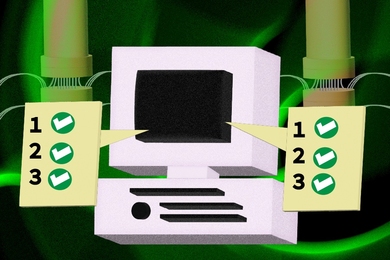 Stylized drawing of a computer monitor with a black screen, surrounded by green beams of light and a completed task list on each side. Behind these objects are two IBM quantum computers, shown as cylinders connected to wires
