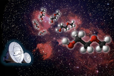 Illustration against a starry background. Two radio dishes are in the lower left, six 3D molecule models are in the center.