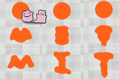 Three orange blobs turn into the letters and spell “MIT.” Two cute cartoony blobs are in the corner smiling. 