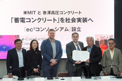 visual representation in knowledge Six people stand behind a long desk with Japanese characters projected behind them. Two men hold a signed agreement.
