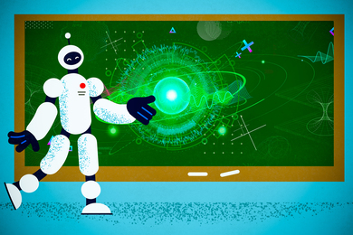 A cute robot is at the chalkboard. The chalkboard is filled with complex charts, waves and shapes.