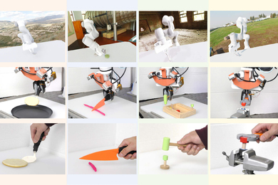 Four photos show, on top level, a simulation of a robot hand using a spatula, knife, hammer and wrench. The second row shows a real robot hand performing the tasks, and the bottom row shows a human hand performing the tasks.