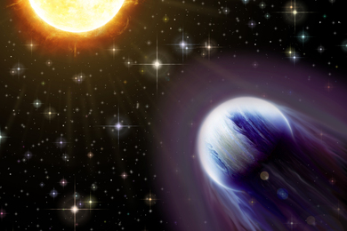 A large bright yellow star is in the top left. On bottom right, a planet in blue and purple moves quickly, and whisps of clouds trail it.