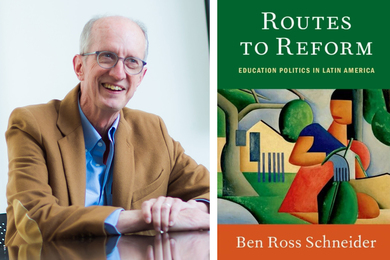 On left is photo of Ben Ross Schneider smiling with arms crossed. On right is the cover to the book, which has the title and author’s name. It features an cubist illustration of a person and trees in green and orange.