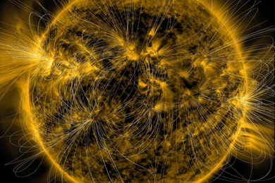 The sun is shown as a black sphere covered in glowing yellow flares. Hundreds of thin lines swoop outward and back, representing the magnetic fields.