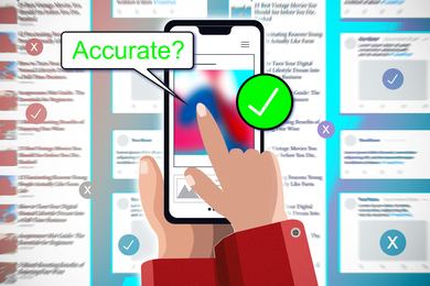 A hand holds a phone with an image displayed on the screen. A word bubble says “Accurate?” and a big green check mark is on the content. The background has blurry boxes of social media websites.