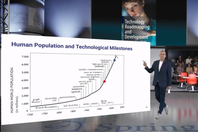 On a stage, Oli De Weck points to a large line graph plotting human tech milestones against population and time.
