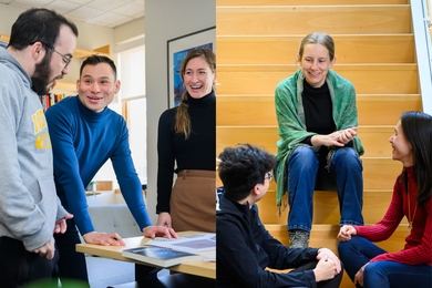 On the left, Erik Lin-Greenberg talks, smiling, with two graduate students in his office. On the right, Tracy Slatyer sits with two students on a staircase, conversing warmly.