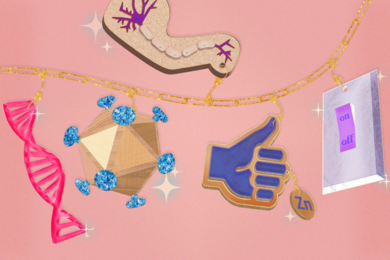 Illustration of a charm bracelet with research-themed charms: DNA, neuron, viral capsid, zinc finger, light switch
