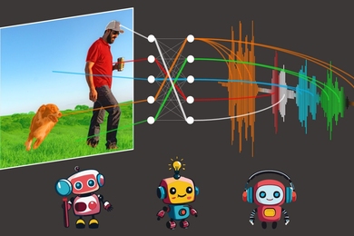 Image shows a man walking a dog on a grassy field. A diagram connects the image to various colored waveforms and neural network nodes, indicating some form of data processing or analysis. Below the diagram are three cartoon robots: one with magnifying glass, one with lightbulb above its head, and one wearing headphones.