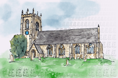 Drawing of old English church with British Pound signs overlaid in some blank areas.