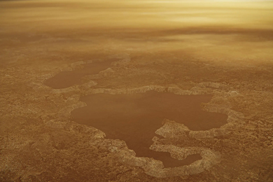 The surface of Titan, containing lake-shaped crevices