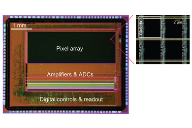At left, a chip micrograph labeled as about 6 millimeters wide with areas labeled "pixel array," "amplifiers and adcs," and "digital controls and readout." At right, an inset shows four square pixels, each about 8 microns wide, which are mostly black with a thin strip on the left labeled "circuits."
