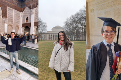 3 photos: Andrea Salem with his arms open standing inside a Moroccan building, Sofia Martinez Galvez on Killian Court with MIT Dome in the background, and Yann Bourgeois in cap and gown holding a bouquet of flowers