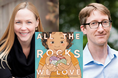 Pictures of Taylor and Lisa Perron next to each other, with the cover of the children’s picture book “All the Rocks We Love” superimposed on top.