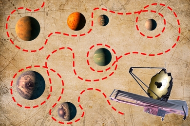 Graphic illustration in which the James Webb Space Telescope points to seven photorealistic planets scattered on top of an antique map background with a red dotted line leading around them.
