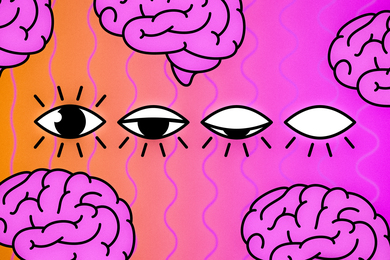 Illustration of four eyes, going from open to closed. Cartoon images of brains appear around them.