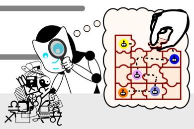 A cartoon robot inspects a pile of wingdings with a magnifying glass, helping it think about how to piece together a jigsaw puzzle of a robot moving to different locations.