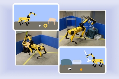 Four panels illustrate a quadrupedal robot sweeping with a broom and moving some torus-shaped objects