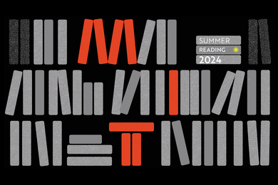 Books on a shelf spelling out MIT for MIT’s Summer Reading 2024 list