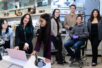 At left, Cynthia Breazeal and two mentees converse in a lab. At right, Ming Guo sits and is surrounded by graduate students