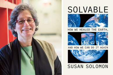A portrait of Susan Solomon next to a photo of the cover of her book, "Solvable: How we Healed the Earth and How we can do it Again."