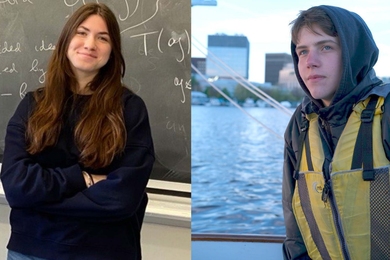 At left, Sophia Breslavets stands before a chalkboard; at right, Nazar Korniichuk stands on a boat