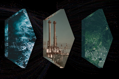 Three photos show the ocean, powerplants, and nature against dark background.