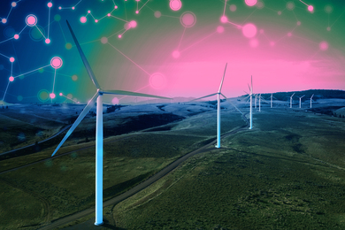 Photo of wind turbines in rural landscape, with neural-network graphic in the sky.