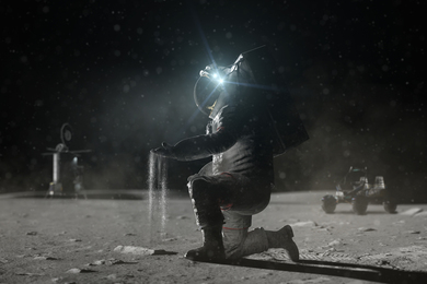 Moon dust falls through the hands of an astronaut