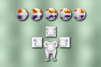 Illustration of 5 spheres with purple and brown swirls. Below that, a white koala with insets showing just its head. Each koala has one purple point on either the forehead, ears, and nose.